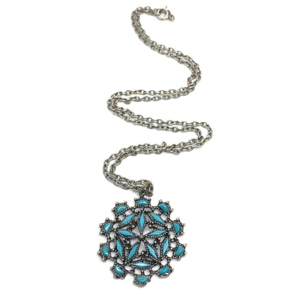 3/$30 VINTAGE SILVER TONE TURQUOISE COLOR PENDANT NECKLACE BOHO STARBURST - Picture 4 of 10